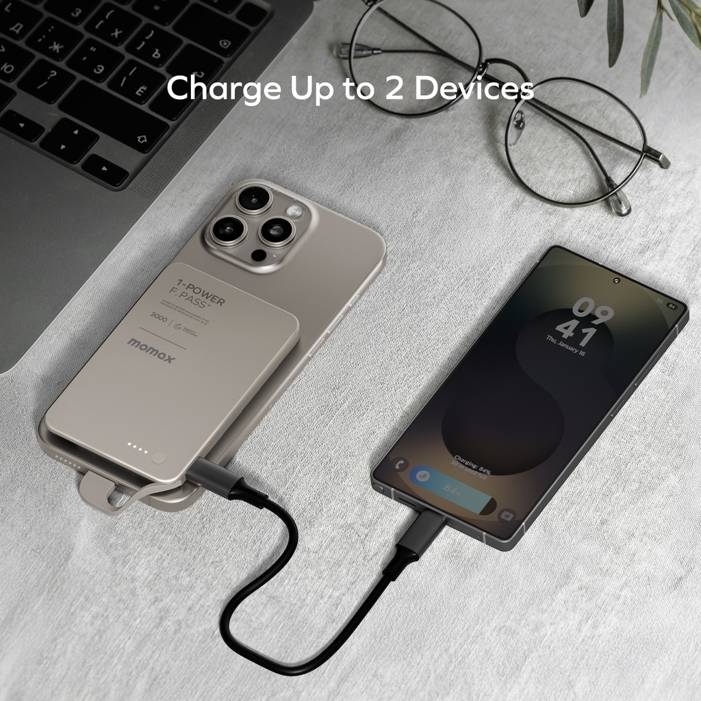 MOMAX 1-POWER F.PASS+ 3000mAh POWER BANK WITH BUILT-IN CABLE & MAGNETIC ATTACHMENT