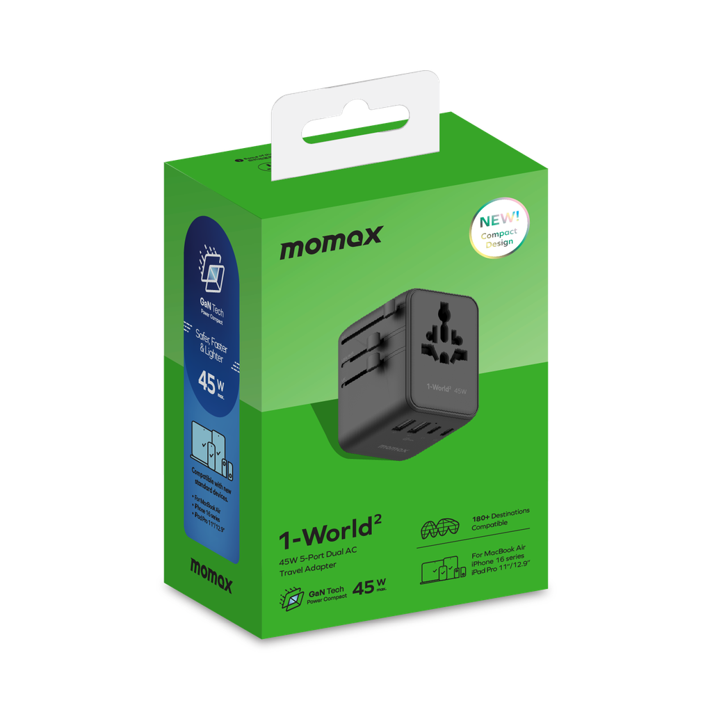 MOMAX 1-WORLD2 45W 5 PORT DUAL AC TRAVEL ADAPTOR