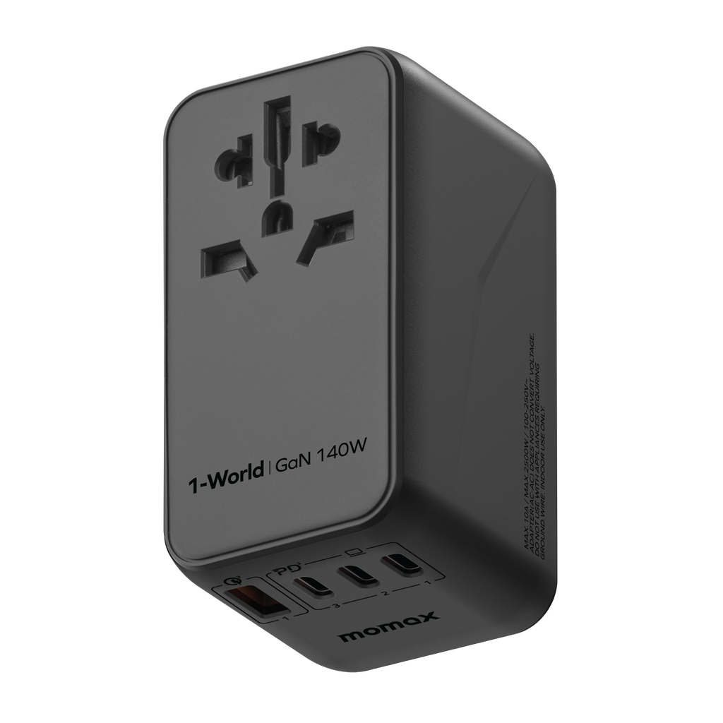 MOMAX 1-WORLD 140W GAN 4 PORTS AC TRAVEL ADAPTOR INCLUDING 140W USB-C TO USB-C CABLE