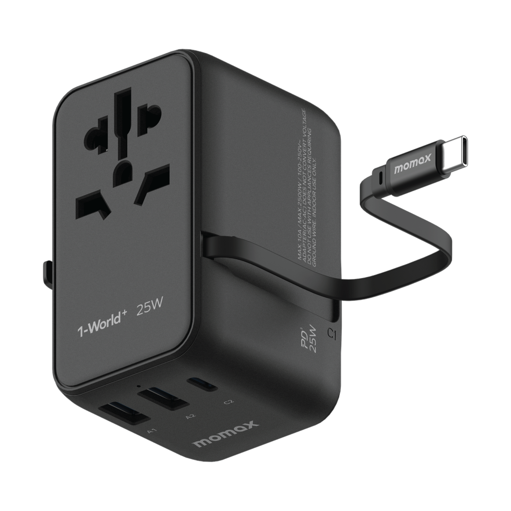 MOMAX 1-WORLD 25W 3 PORT WITH BUILT-IN USB-C CABLE AC TRAVEL ADAPTOR