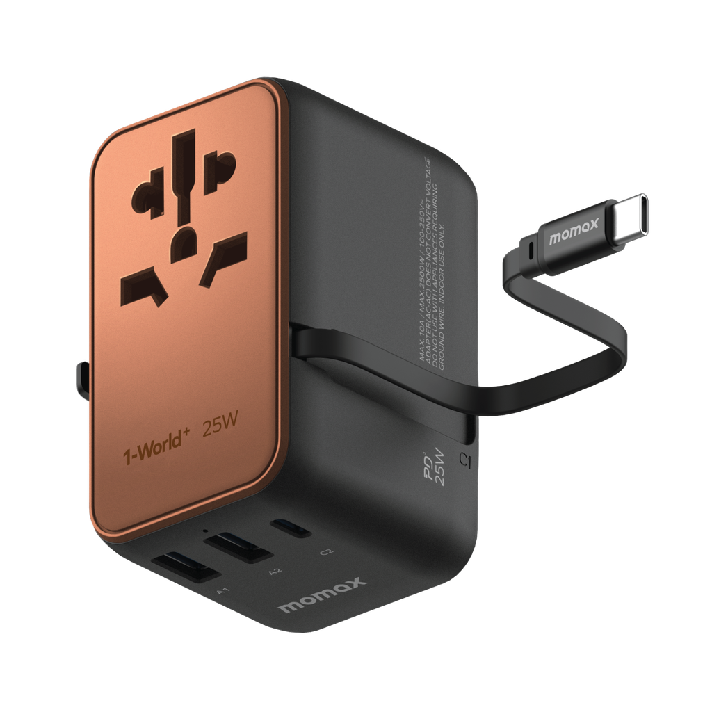 MOMAX 1-WORLD 25W 3 PORT WITH BUILT-IN USB-C CABLE AC TRAVEL ADAPTOR