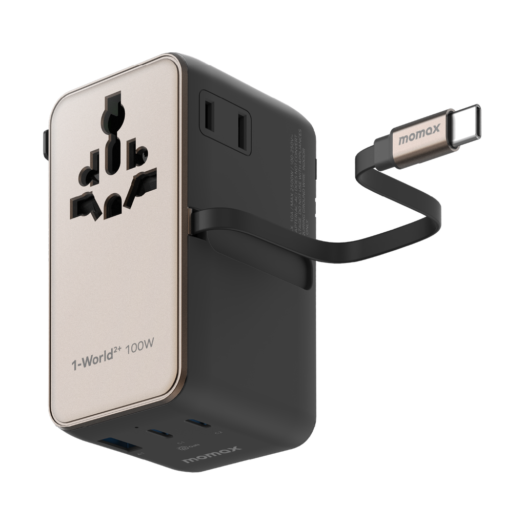 MOMAX 1-WORLD2+ 100W 4 PORT DUAL AC TRAVEL ADAPTOR WITH BUILT-IN CABLE