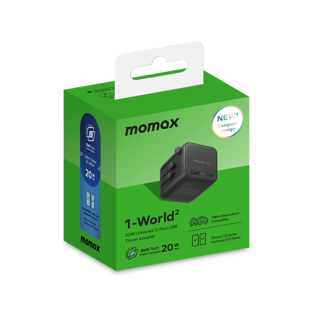 MOMAX 1-WORLD 20W UNIVERSAL 2 PORT TRAVEL ADAPTER