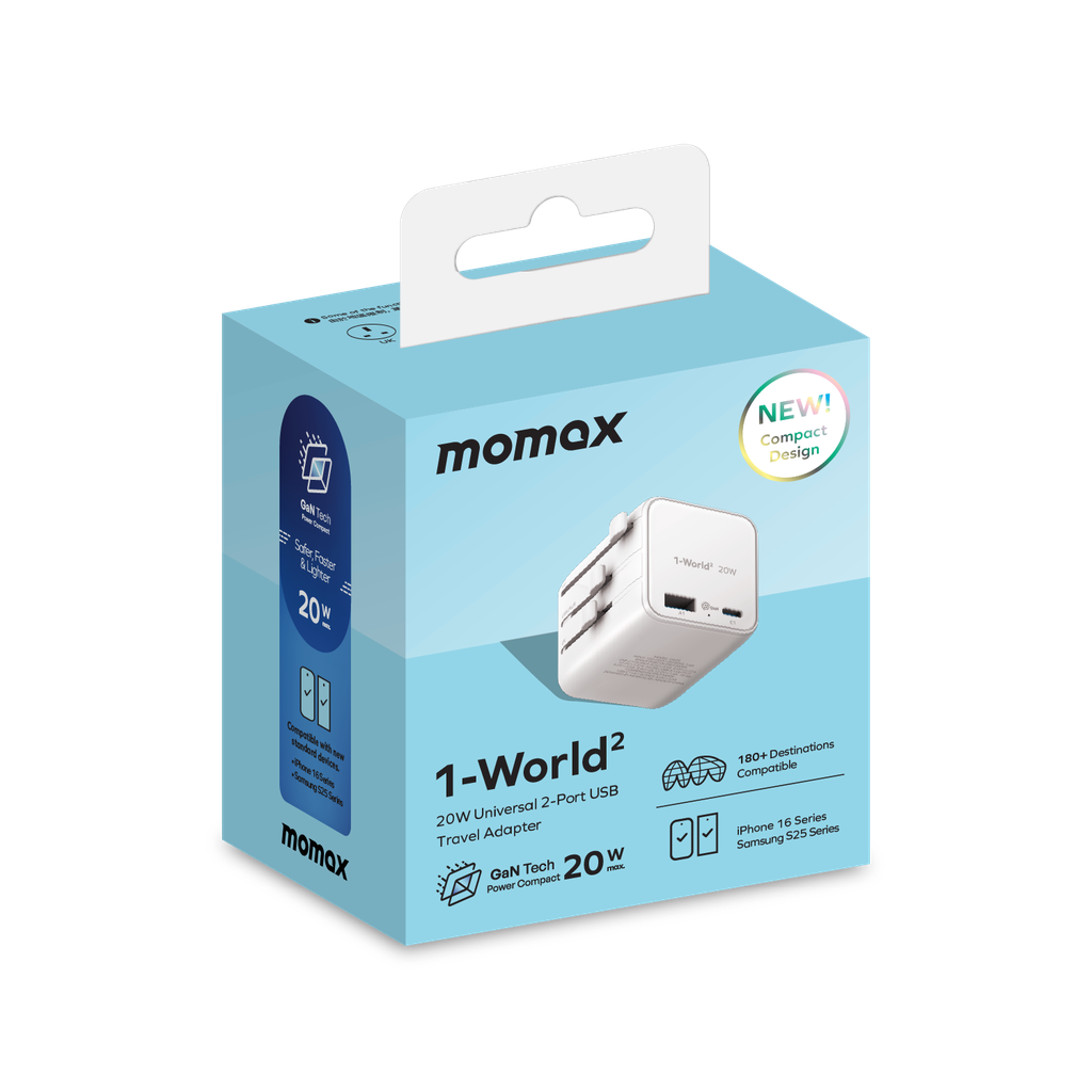 MOMAX 1-WORLD 20W UNIVERSAL 2 PORT TRAVEL ADAPTER