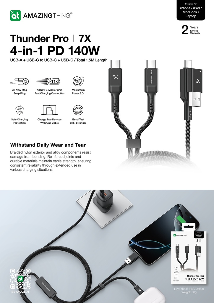 AT THUNDER PRO I 7X 4IN1 USB-A + USB-C TO USB-C + USB-C 5A 140W 1.5M CABLE
