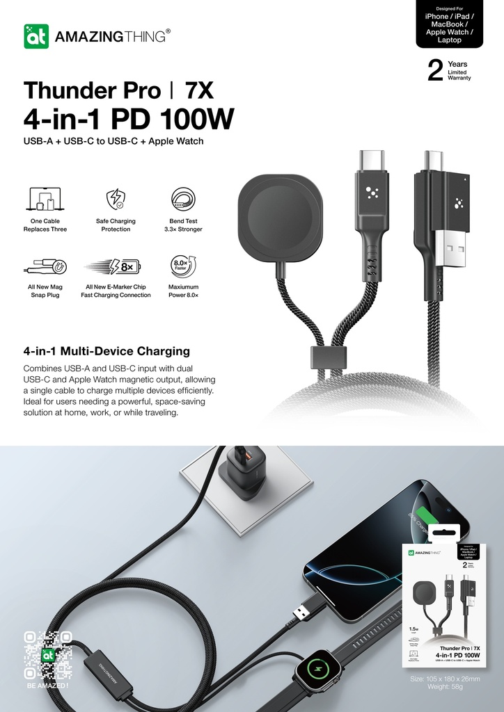 AT THUNDER PRO I 7X 4IN1 USB-A + USB-C TO USB-C + WATCH CABLE 5A 100W 1.5M