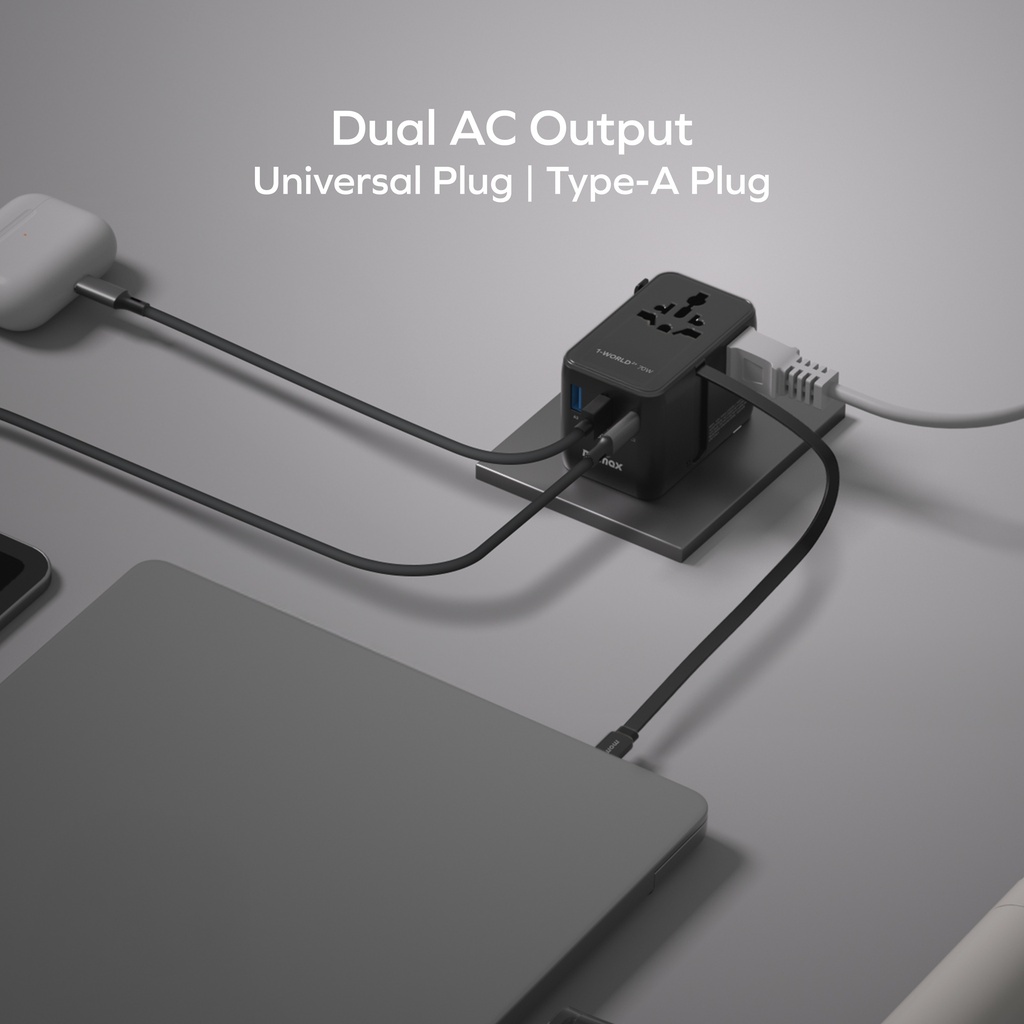 MOMAX 1-WORLD2+ 70W GAN 3 PORT DUAL WITH BUILT-IN USB-C CABLE AC TRAVEL ADAPTOR