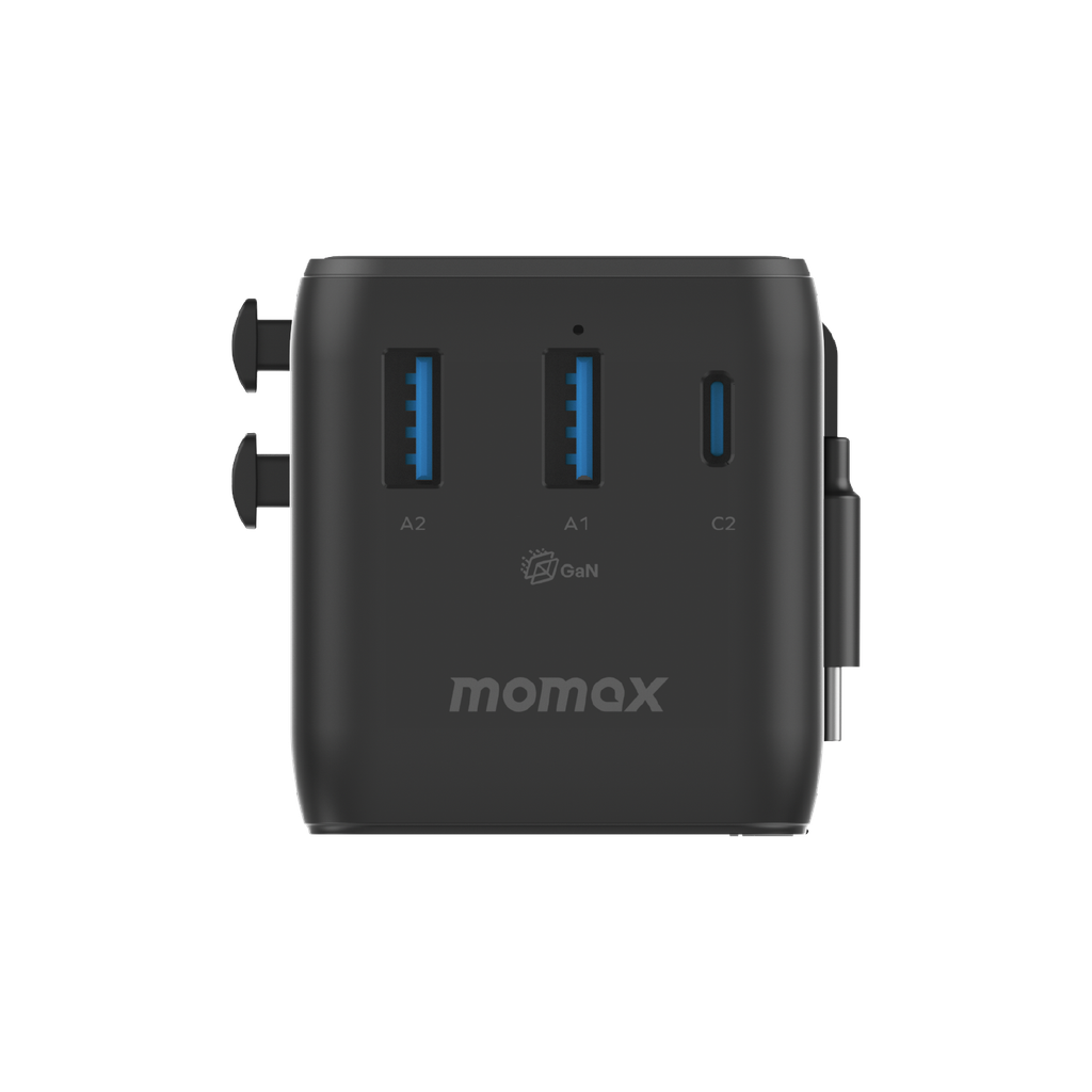 MOMAX 1-WORLD2+ 70W GAN 3 PORT DUAL WITH BUILT-IN USB-C CABLE AC TRAVEL ADAPTOR
