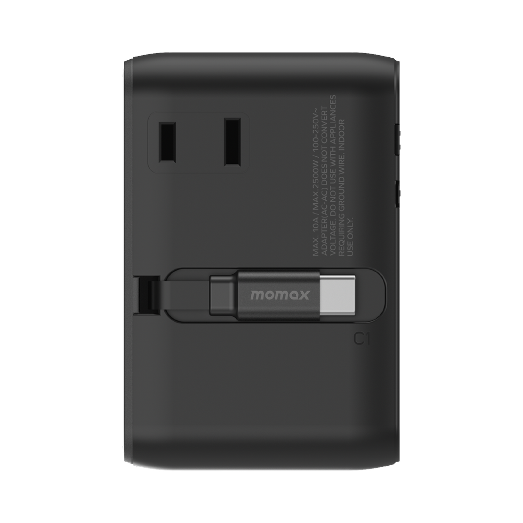 MOMAX 1-WORLD2+ 70W GAN 3 PORT DUAL WITH BUILT-IN USB-C CABLE AC TRAVEL ADAPTOR