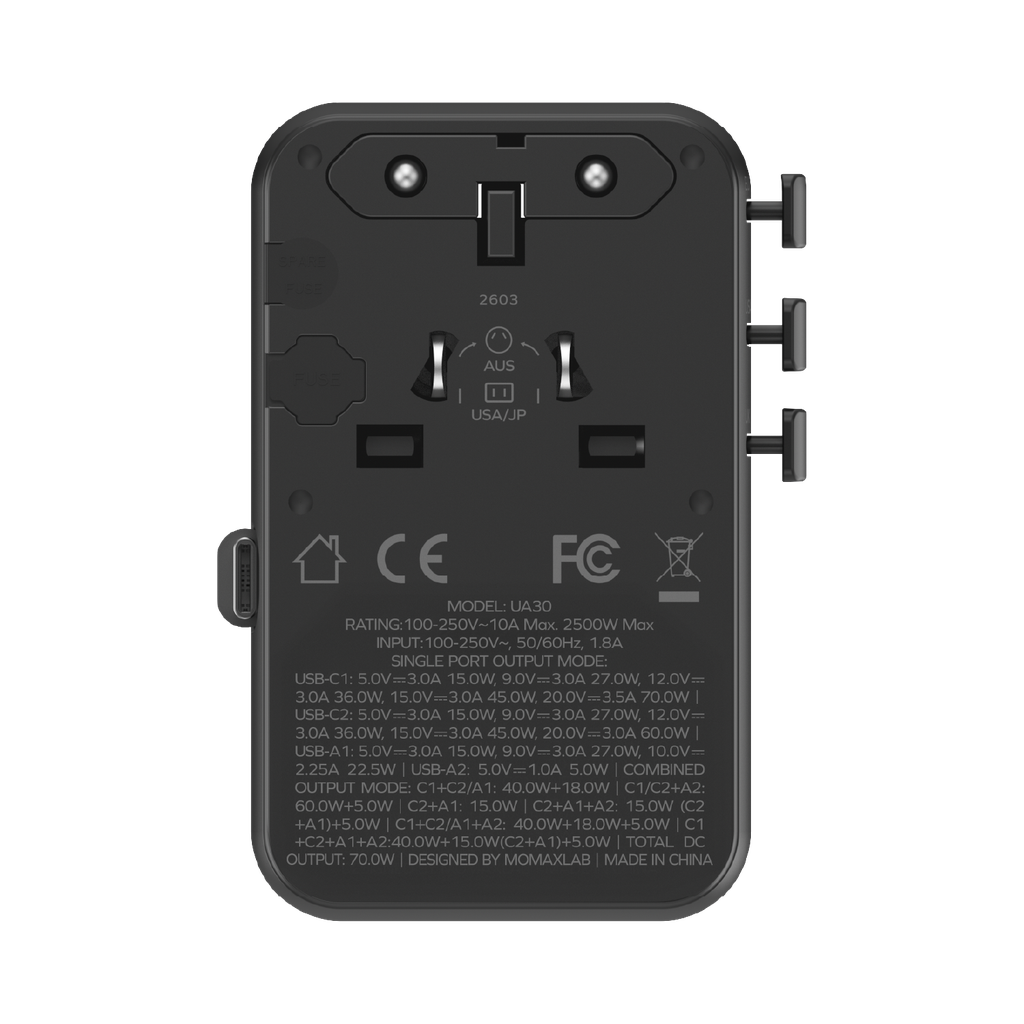 MOMAX 1-WORLD2+ 70W GAN 3 PORT DUAL WITH BUILT-IN USB-C CABLE AC TRAVEL ADAPTOR