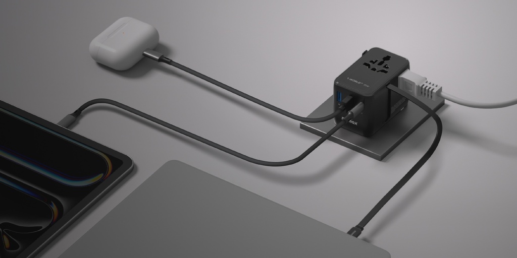 MOMAX 1-WORLD2+ 70W GAN 3 PORT DUAL WITH BUILT-IN USB-C CABLE AC TRAVEL ADAPTOR