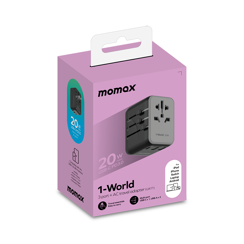 MOMAX 1-WORLD 20W 3 PORT AC TRAVEL CHARGER