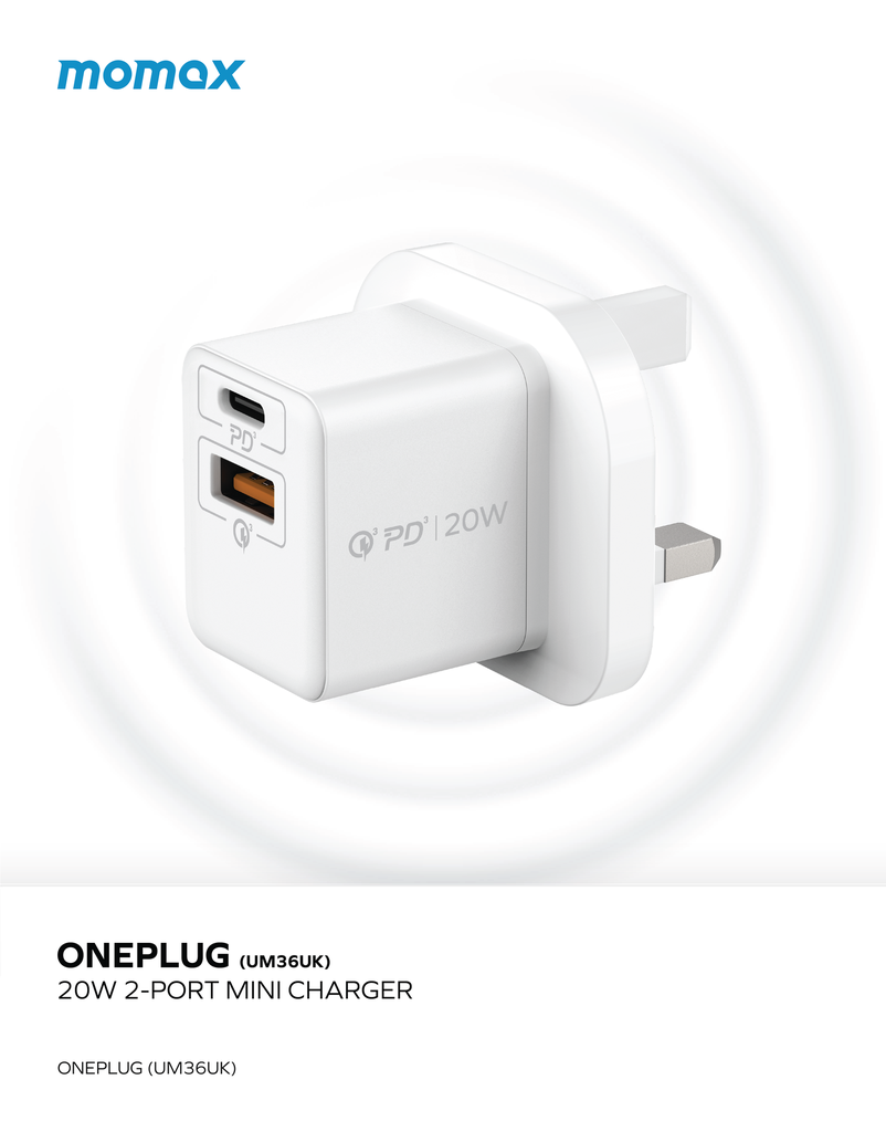 MOMAX ONEPLUG 20W 2 PORT MINI WALL CHARGER