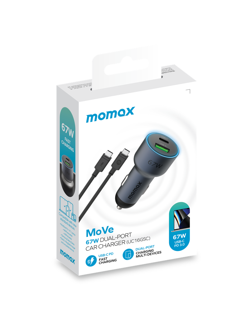 MOMAX MOVE 67W DUAL PORT CAR CHARGER+ 1MTR 100W C TO C CABLE