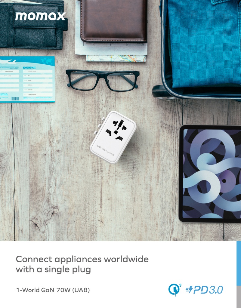 MOMAX 1-WORLD 70W GAN AC TRAVEL ADAPTOR