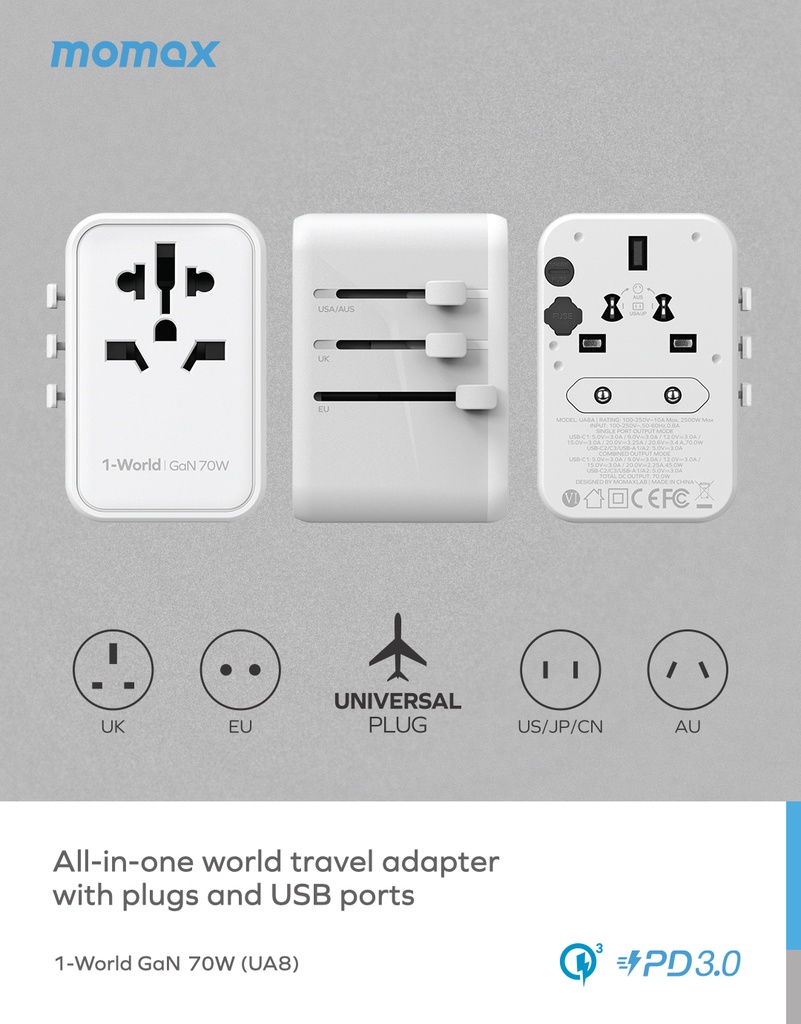MOMAX 1-WORLD 70W GAN AC TRAVEL ADAPTOR