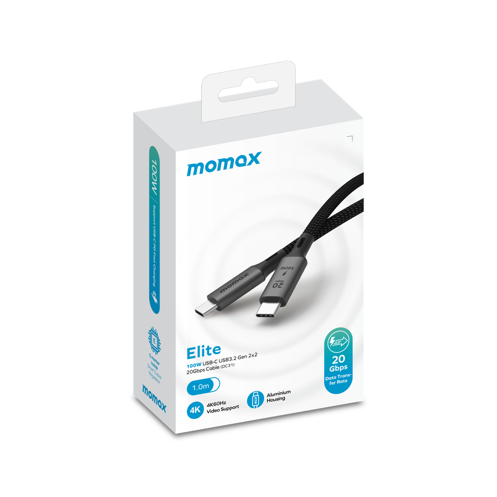 MOMAX ELITE 100W USB-C TO USB-C 3.2 GEN 2X2 20GBPS CABLE 1M