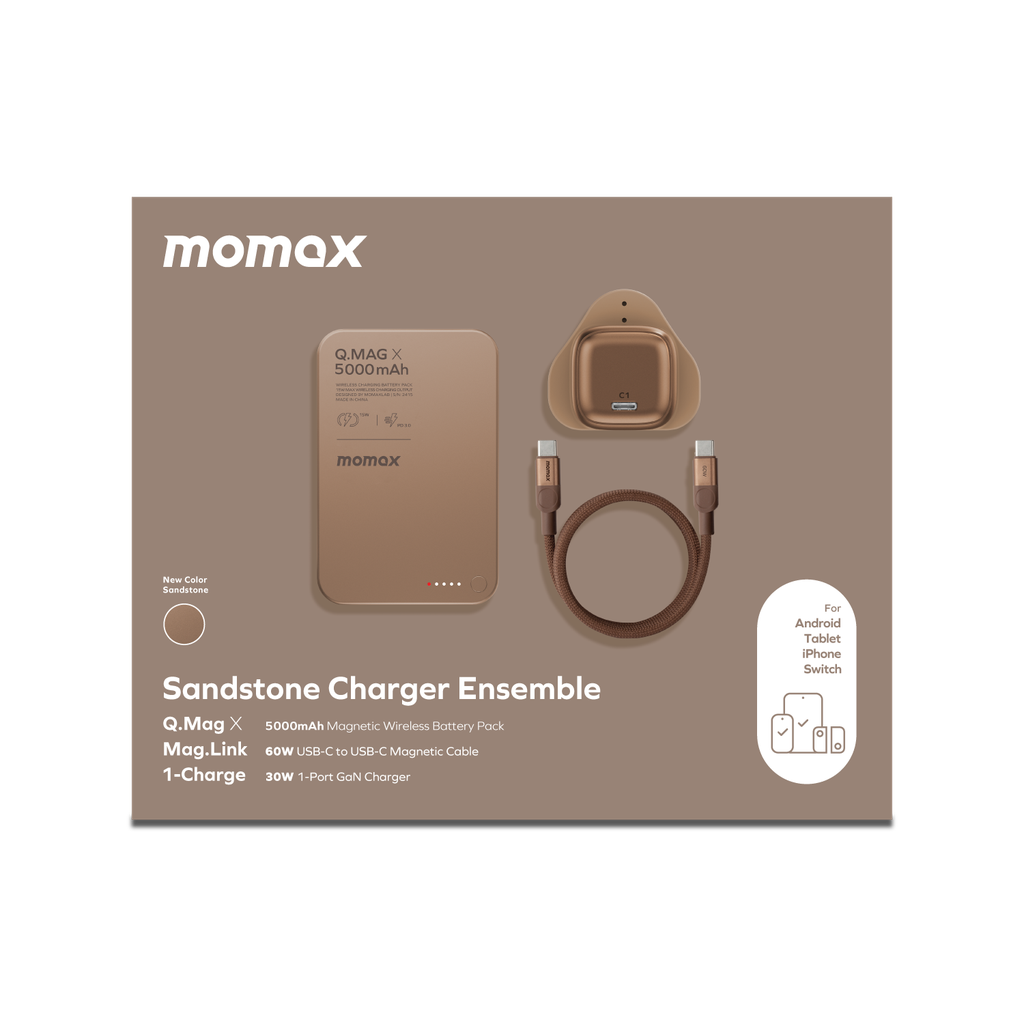 MOMAX 1-CHARGE GAN 30W 1 PORT CHARGER + 60W USB-C TO USB-C MAGNETIC CABLE 1M + 5000mAh MAGNETIC WIRELESS POWER BANK