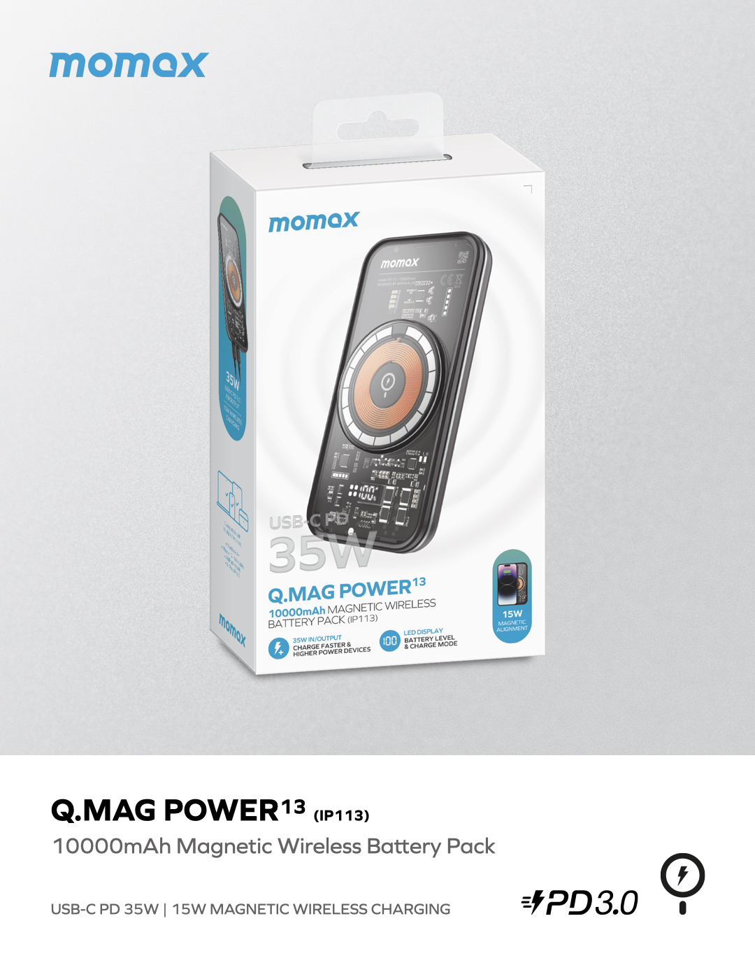 MOMAX Q.MAG POWER 13 10000mAh MAGNETIC WIRELESS POWER BANK | Space.ae