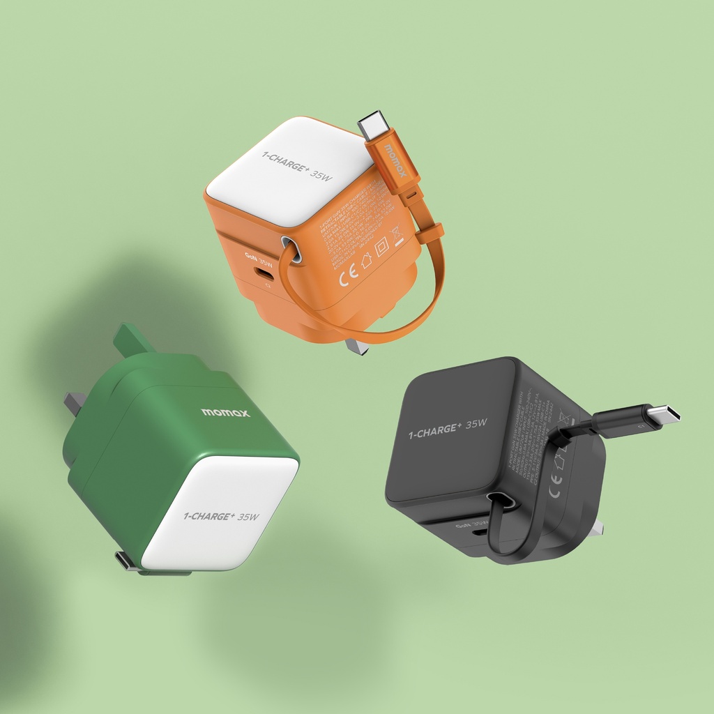 MOMAX 1-CHARGE 35W GAN 1 PORT CHARGER WITH BUILT-IN USB-C CABLE