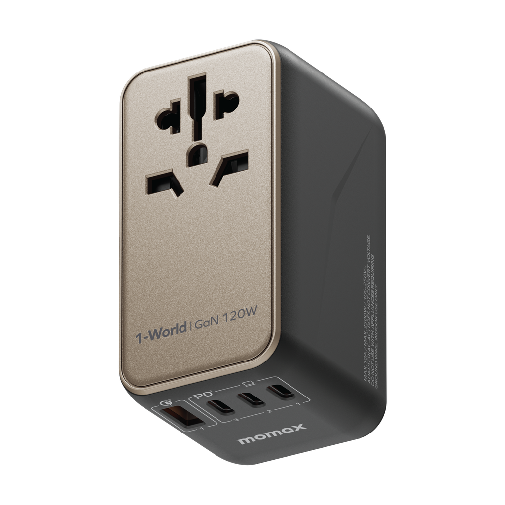 MOMAX 1-WORLD 120W GAN 4 PORTS AC TRAVEL ADAPTOR WITH 100W USB-C TO USB-C CABLE