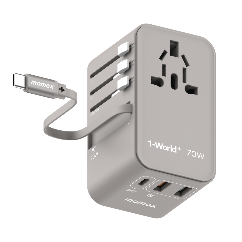 MOMAX 1-WORLD 70W GAN 3 PORT WITH BUILT-IN USB-C CABLE AC TRAVEL ADAPTOR