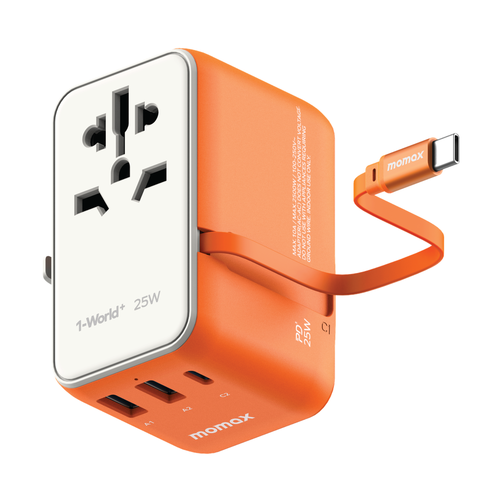 MOMAX 1-WORLD 25W 3 PORT WITH BUILT-IN USB-C CABLE AC TRAVEL ADAPTOR
