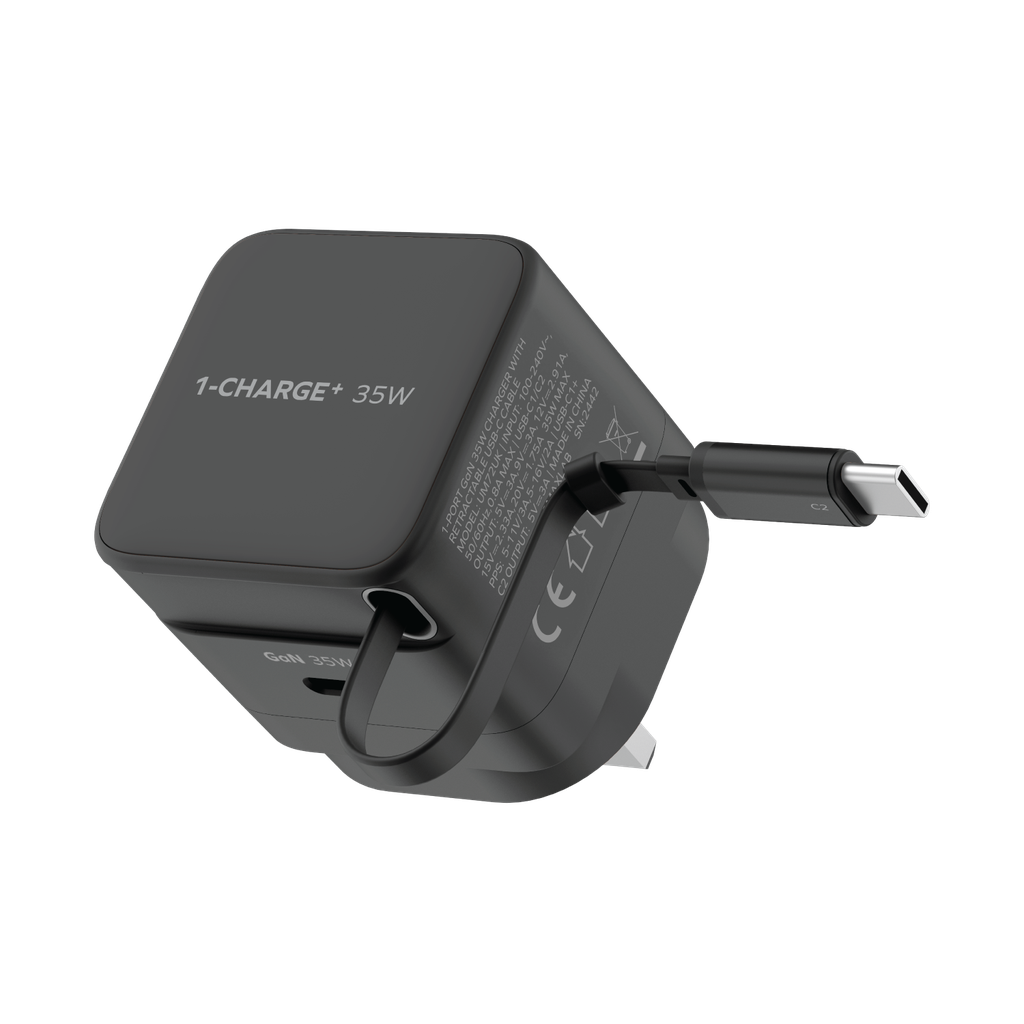 MOMAX 1-CHARGE 35W GAN 1 PORT CHARGER WITH BUILT-IN USB-C CABLE