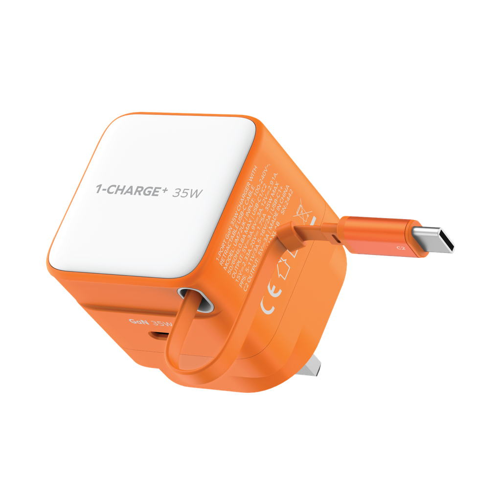 MOMAX 1-CHARGE 35W GAN 1 PORT CHARGER WITH BUILT-IN USB-C CABLE