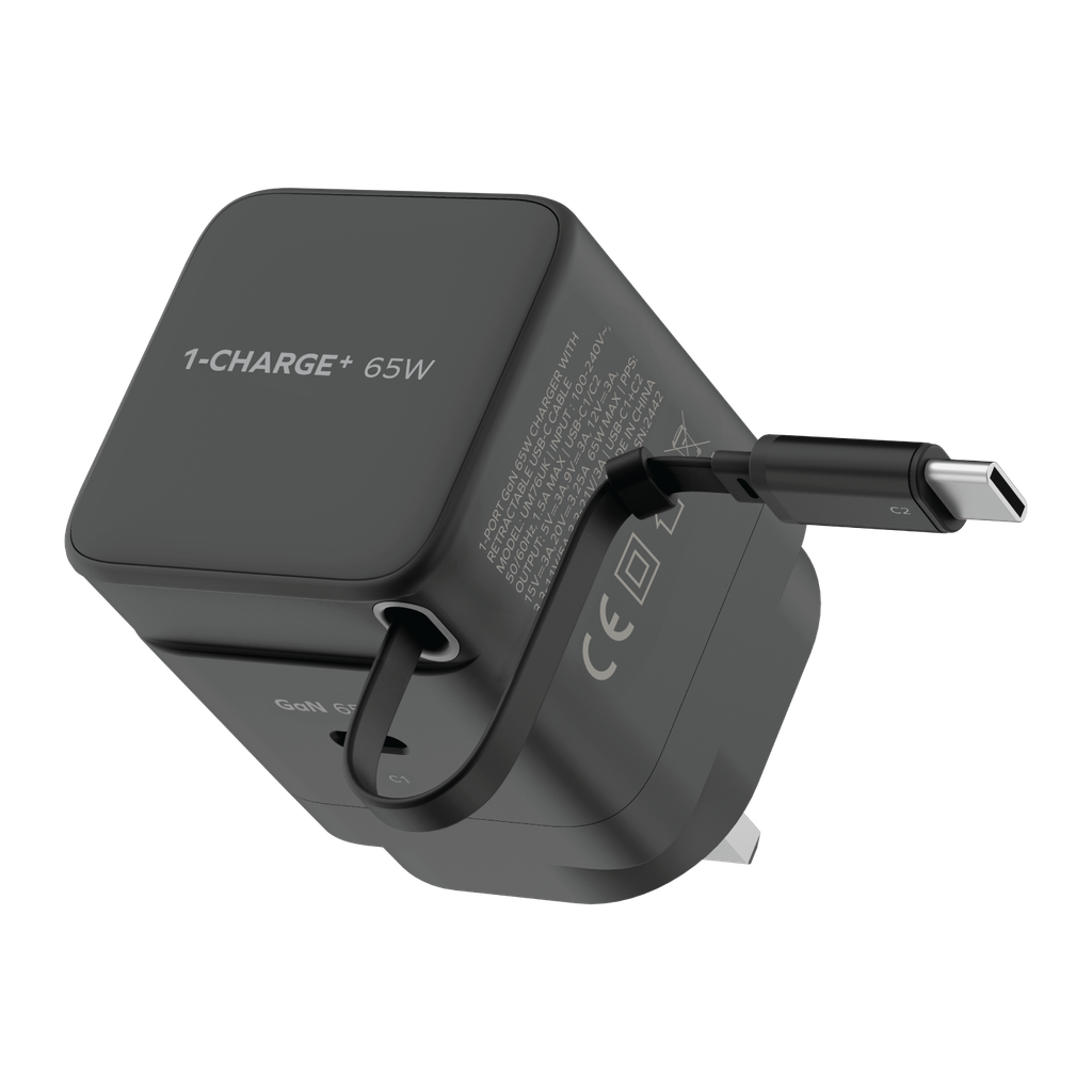 MOMAX 1-CHARGE 65W GAN 1 PORT CHARGER WITH BUILT-IN USB-C CABLE