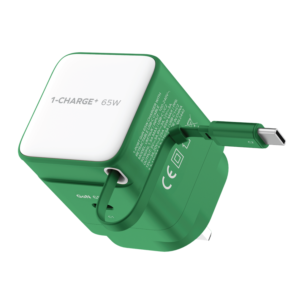 MOMAX 1-CHARGE 65W GAN 1 PORT CHARGER WITH BUILT-IN USB-C CABLE