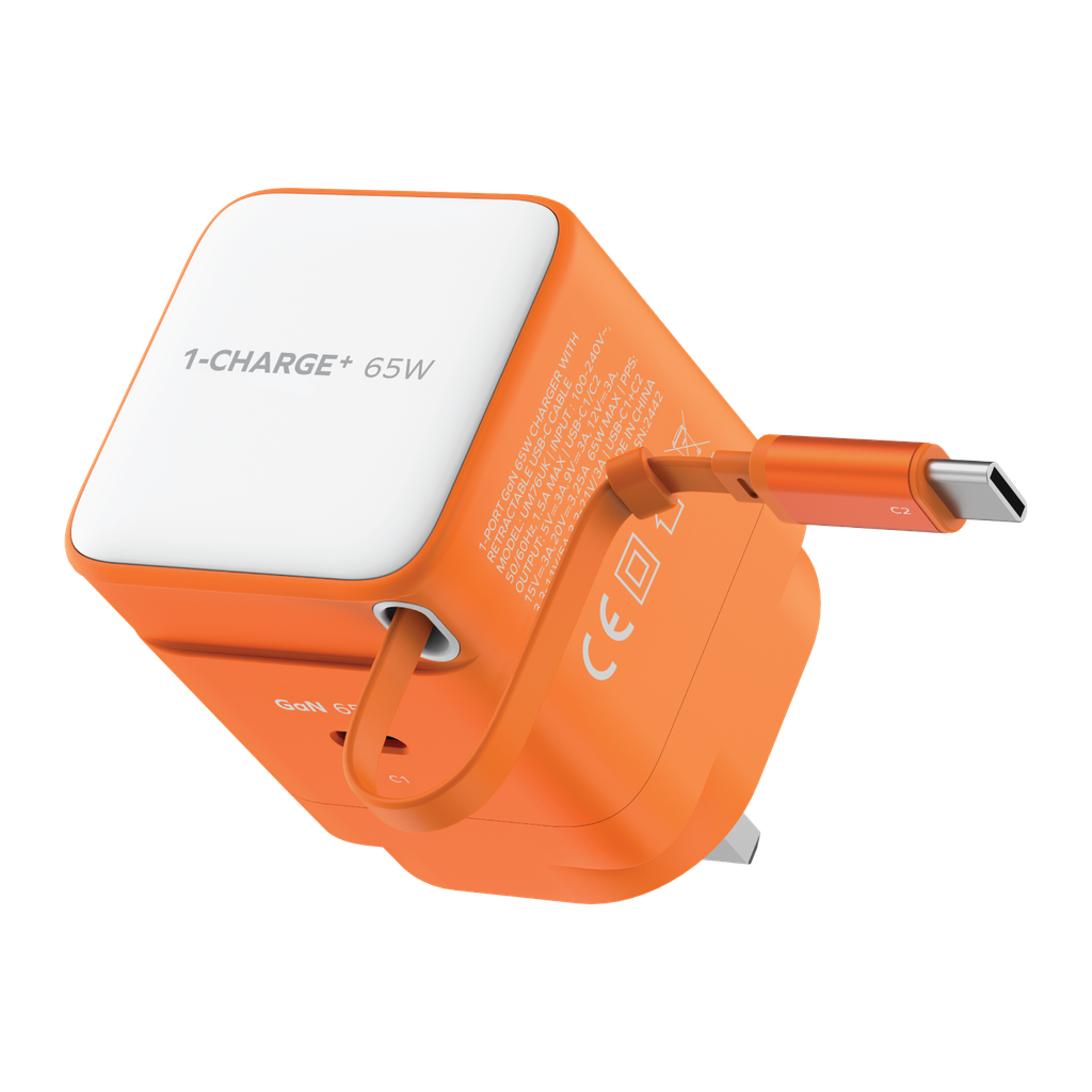 MOMAX 1-CHARGE 65W GAN 1 PORT CHARGER WITH BUILT-IN USB-C CABLE