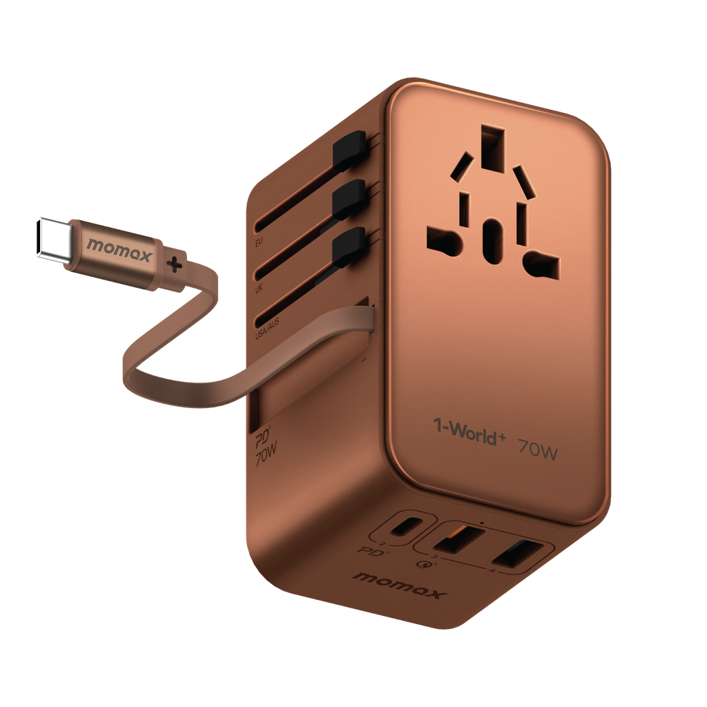 MOMAX 1-WORLD 70W GAN 3 PORT WITH BUILT-IN USB-C CABLE AC TRAVEL ADAPTOR