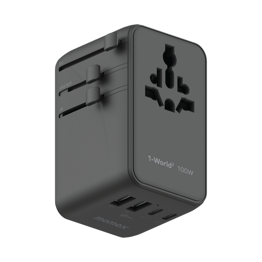 MOMAX 1-WORLD2 GAN 100W 4-PORT USB-C DUAL AC TRAVEL ADAPTOR