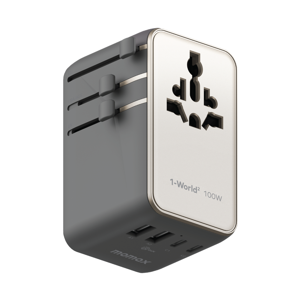 MOMAX 1-WORLD2 GAN 100W 4-PORT USB-C DUAL AC TRAVEL ADAPTOR