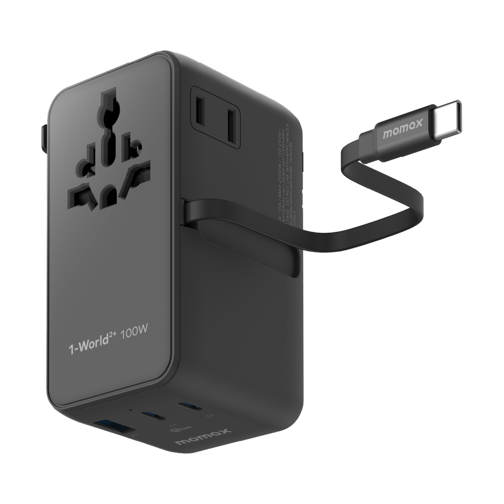 MOMAX 1-WORLD2+ 100W 4 PORT DUAL AC TRAVEL ADAPTOR WITH BUILT-IN CABLE