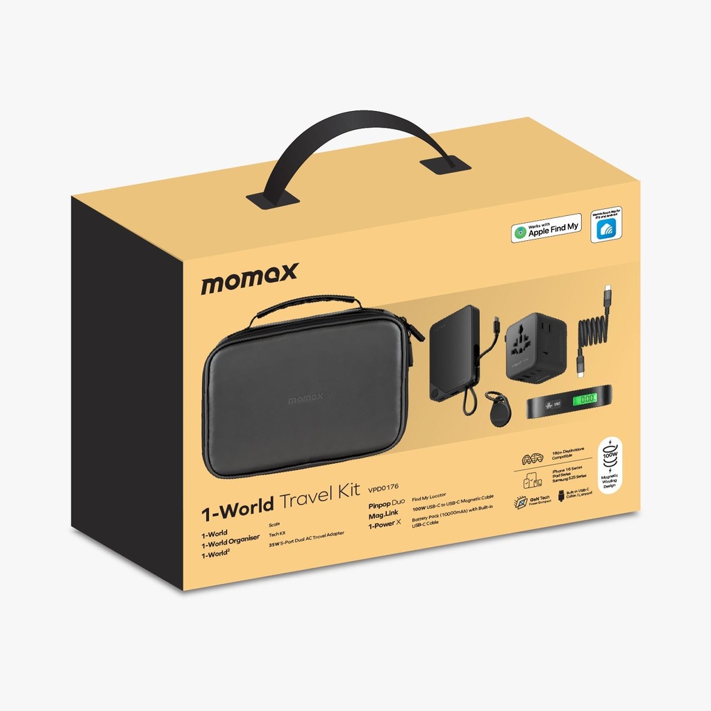 MOMAX 1-WORLD TRAVEL ESSENTIAL KIT – 35W ADAPTER, 10K POWER BANK, CABLE, TRACKER, WEIGHING SCALE & POUCH