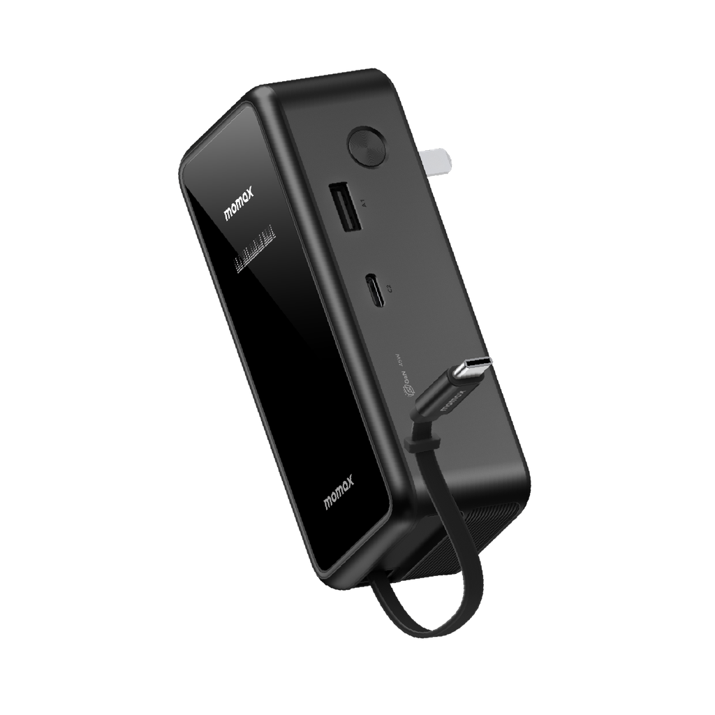 MOMAX 1-PAC⁺10000mAh 3IN1 HYBRID GAN BATTERY PACK WITH BUILT-IN RETRACTABLE CABLE