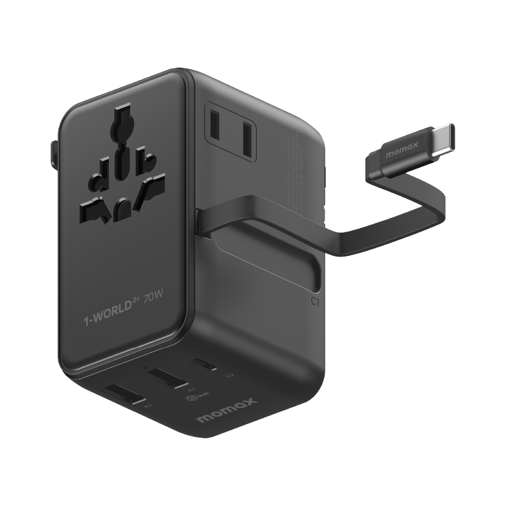 MOMAX 1-WORLD2+ 70W GAN 3 PORT DUAL WITH BUILT-IN USB-C CABLE AC TRAVEL ADAPTOR