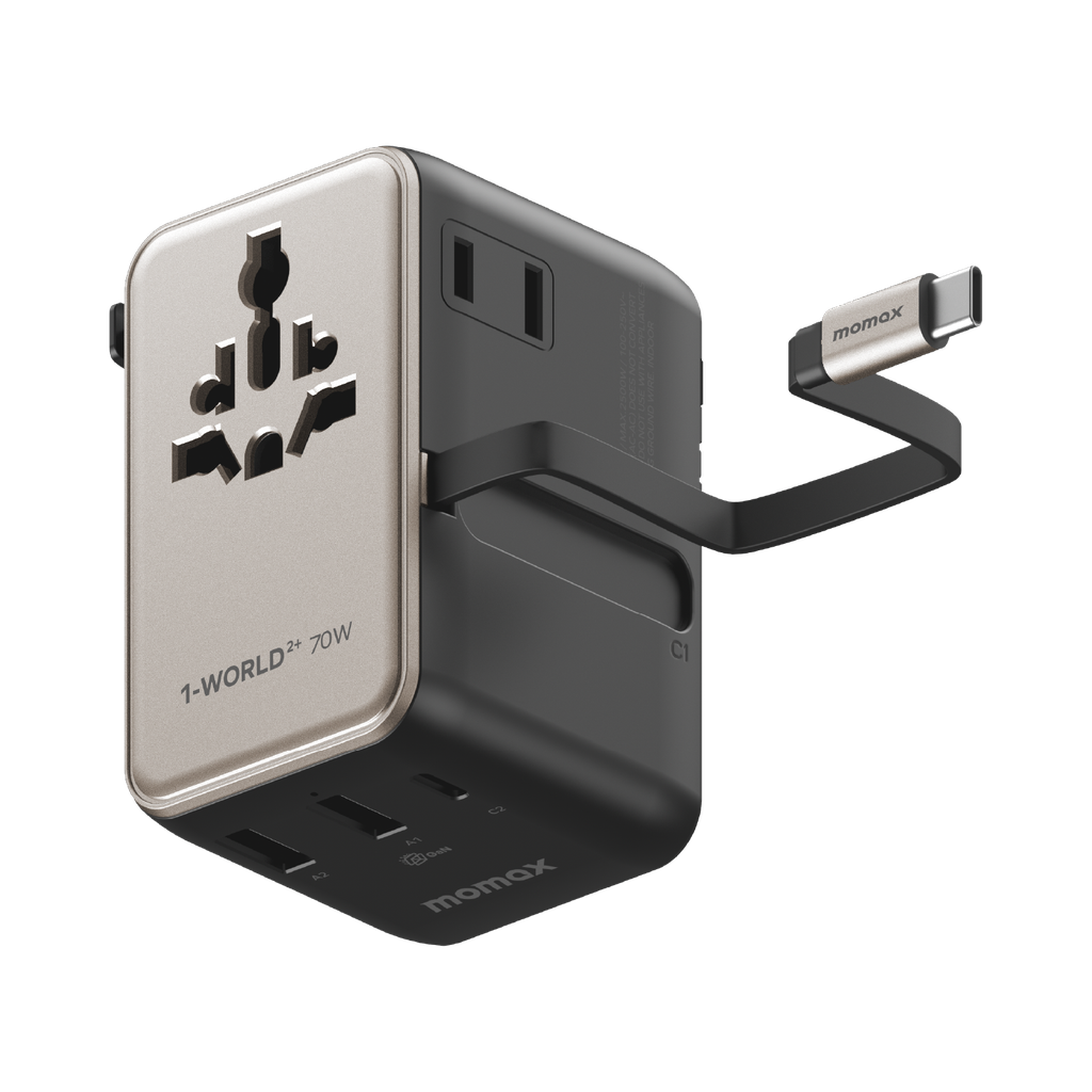 MOMAX 1-WORLD2+ 70W GAN 3 PORT DUAL WITH BUILT-IN USB-C CABLE AC TRAVEL ADAPTOR