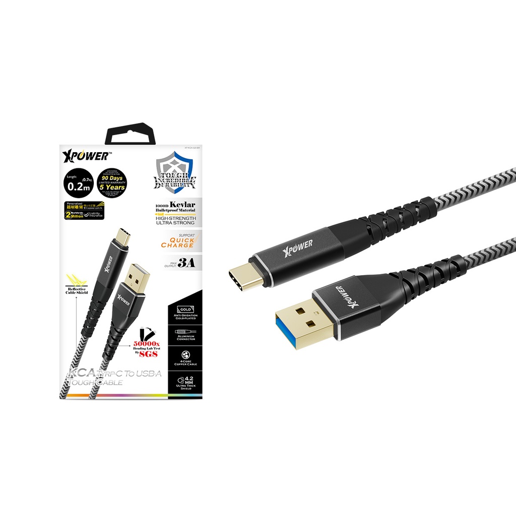 XPOWER KCA USB-A TO USB-C KEVLAR BULLETPROOF MATERIAL SYNC 1.2M CABLE