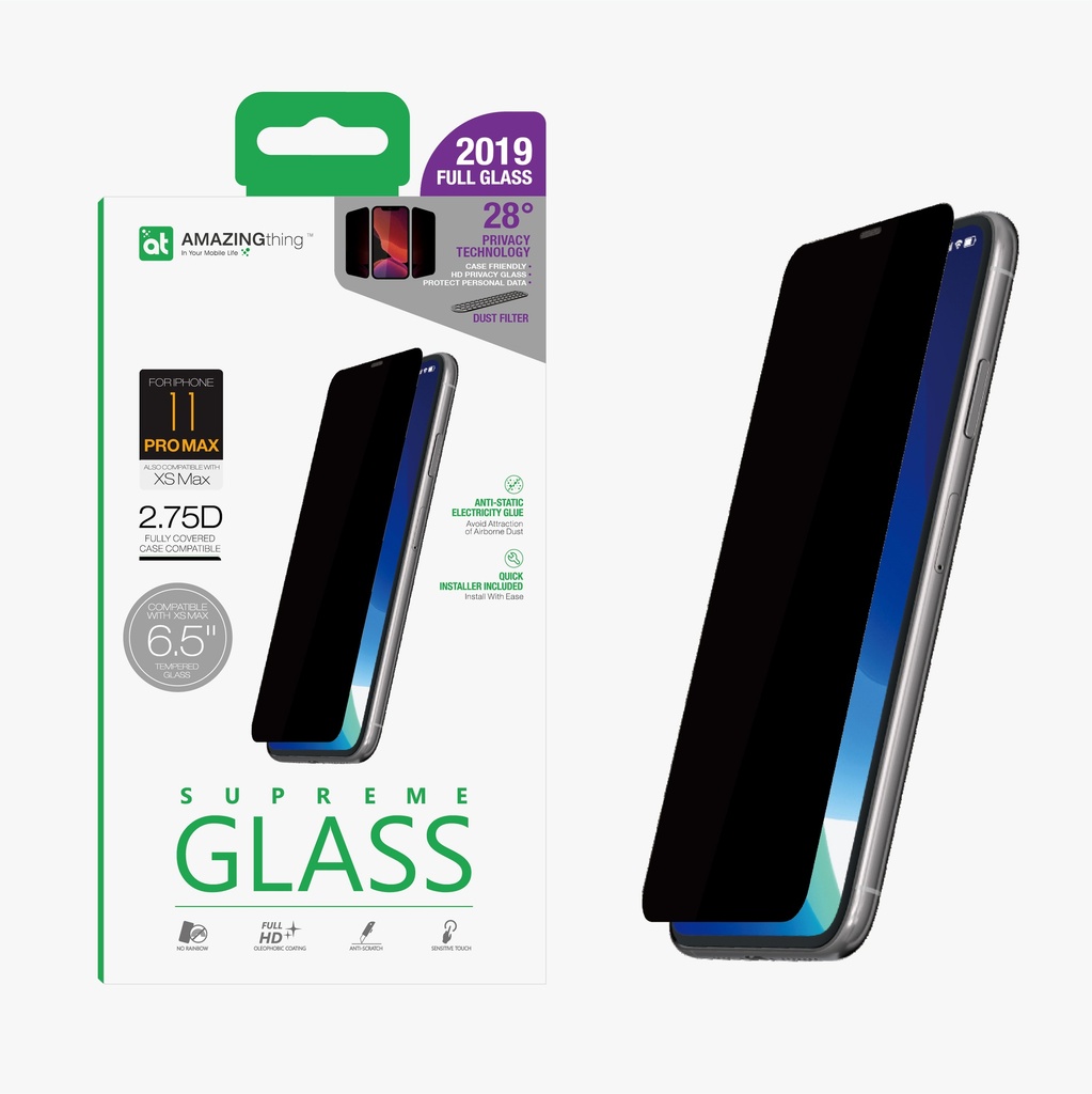 AT IPHONE 11 PRO MAX 6.5 0.3M 2.75D PRIVACY EX-BUL DUST FILTER GLASS WITH TRAY