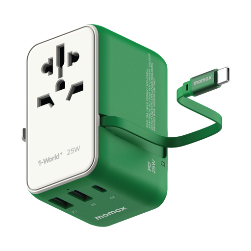 MOMAX 1-WORLD 25W 3 PORT WITH BUILT-IN USB-C CABLE AC TRAVEL ADAPTOR