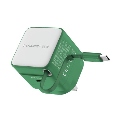 MOMAX 1-CHARGE 35W GAN 1 PORT CHARGER WITH BUILT-IN USB-C CABLE