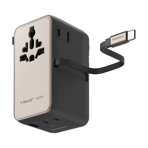 MOMAX 1-WORLD2+ 100W 4 PORT DUAL AC TRAVEL ADAPTOR WITH BUILT-IN CABLE