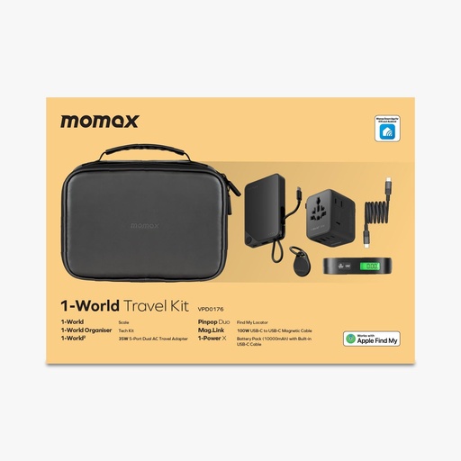 [VPD0176] MOMAX 1-WORLD TRAVEL ESSENTIAL KIT – 35W ADAPTER, 10K POWER BANK, CABLE, TRACKER, WEIGHING SCALE & POUCH