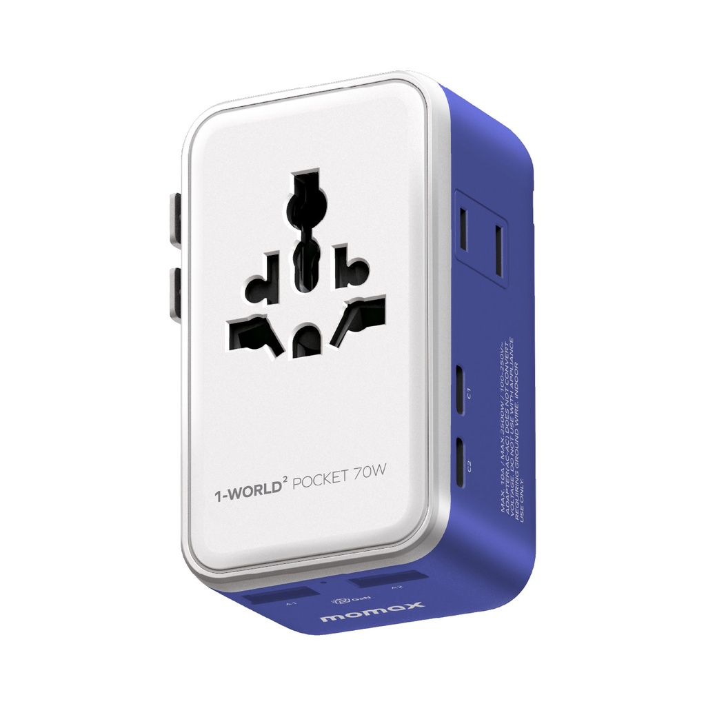 MOMAX 1-WORLD POCKET2 70W 4-PORT DUAL AC ULTRATHIN TRAVEL ADAPTOR